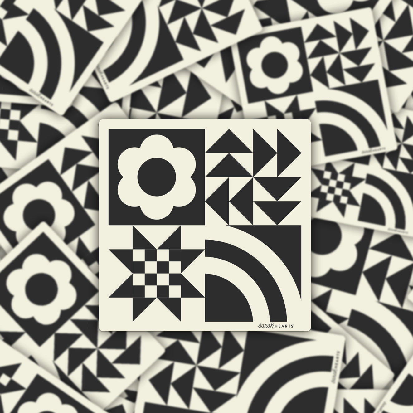 Black and White Quilt Block Sticker - Sarah Hearts