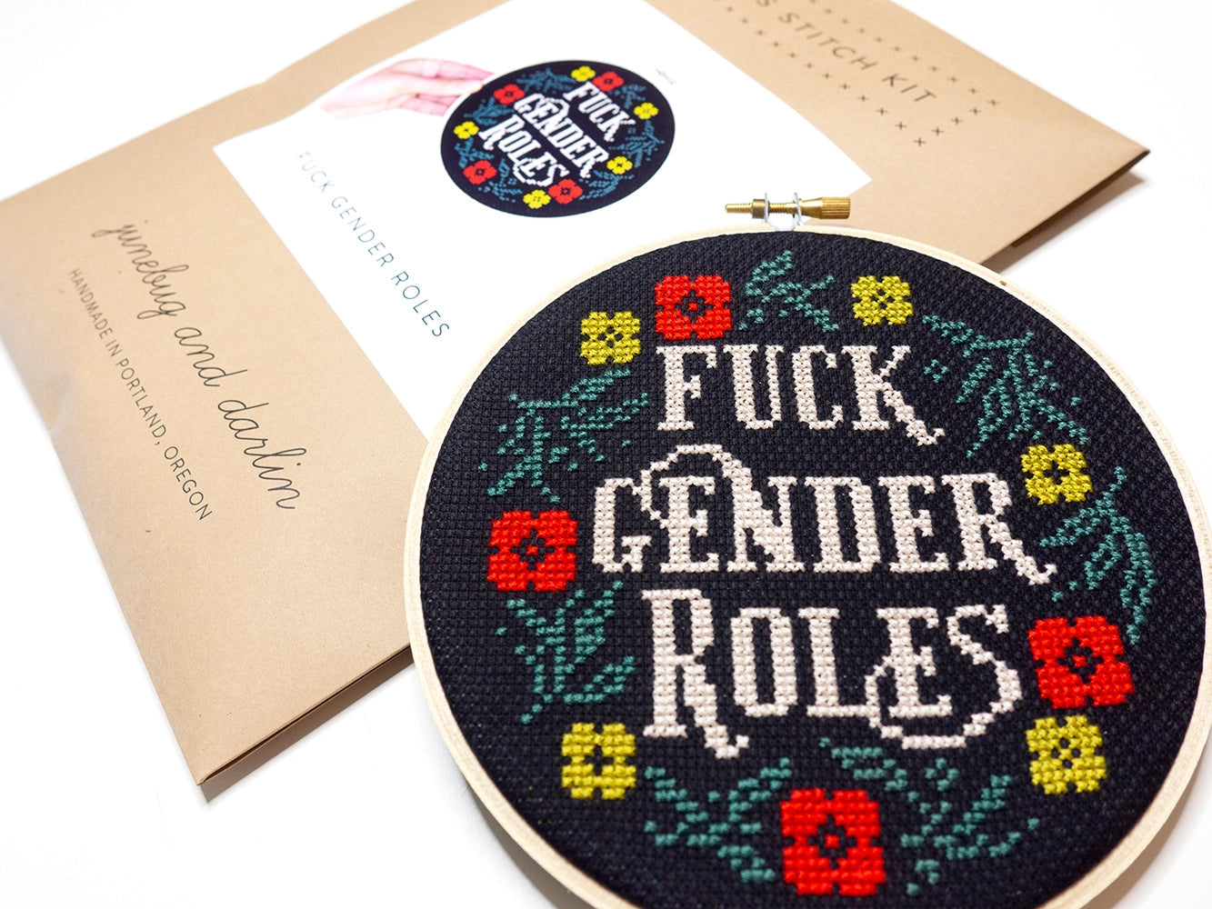 Fuck gender roles cross stitch kit
