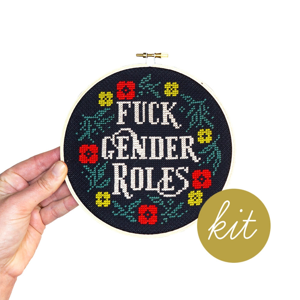 Fuck gender roles cross stitch kit