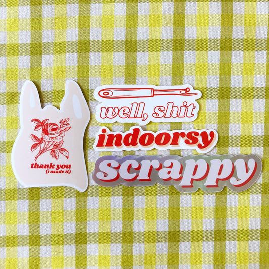 Quilting sewing vinyl sticker pack, scrappy, indoorsy, seam ripper, thank you bag