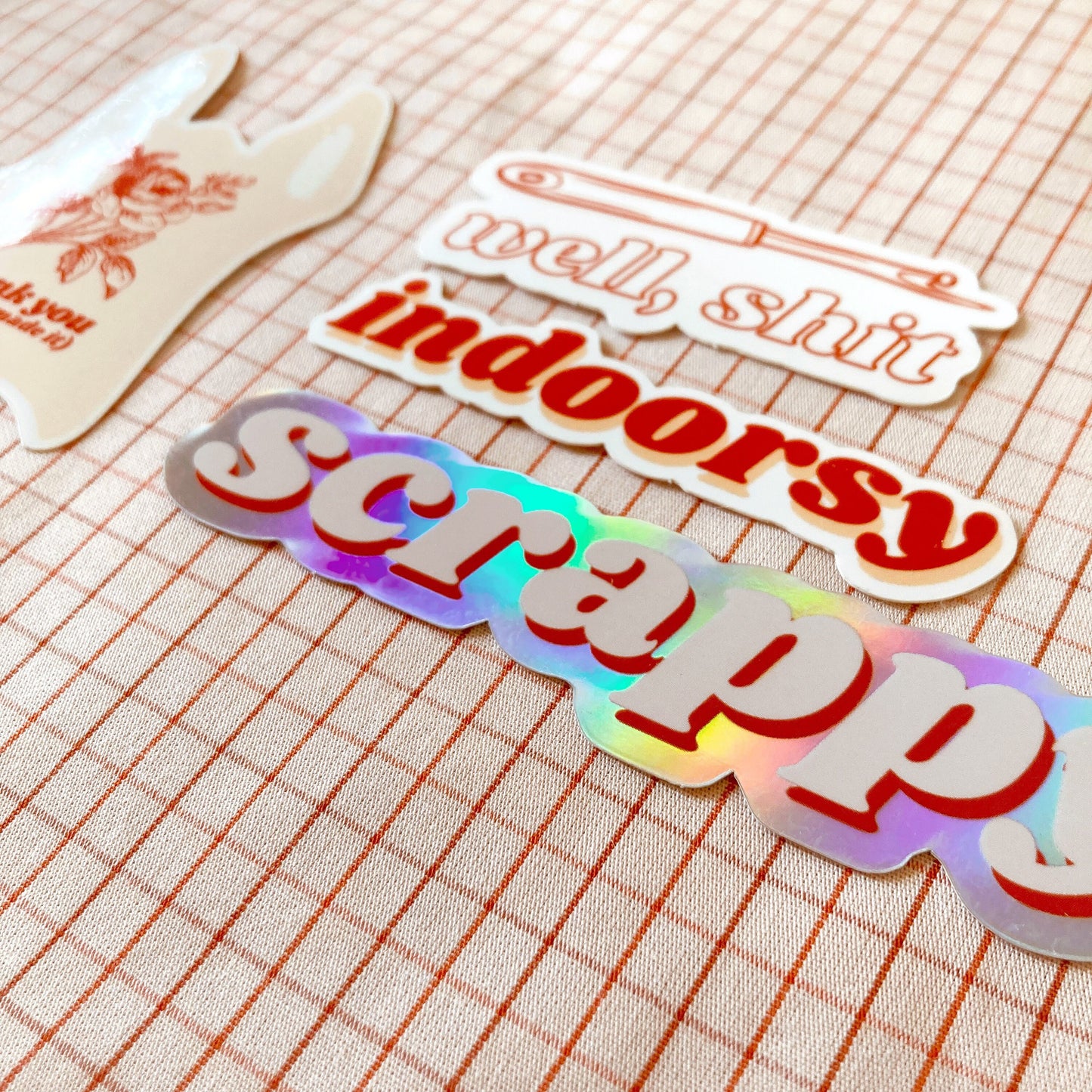 Quilting sewing vinyl sticker pack, scrappy, indoorsy, seam ripper, thank you bag