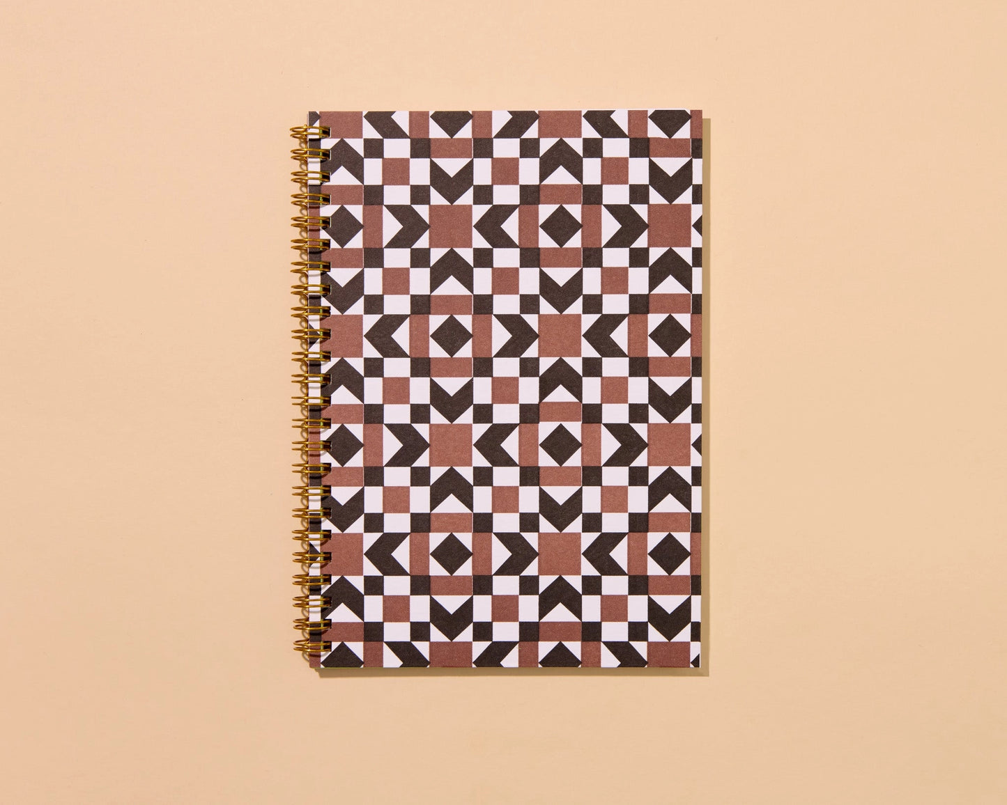 Brown quilt block letterpress A5 notebook, And Here We Are