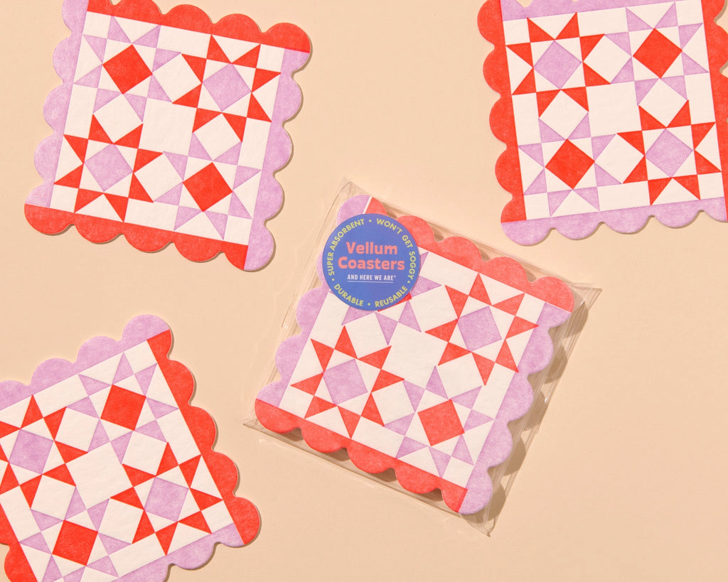 Letterpress quilt block vellum coasters, pink/red, And Here We Are