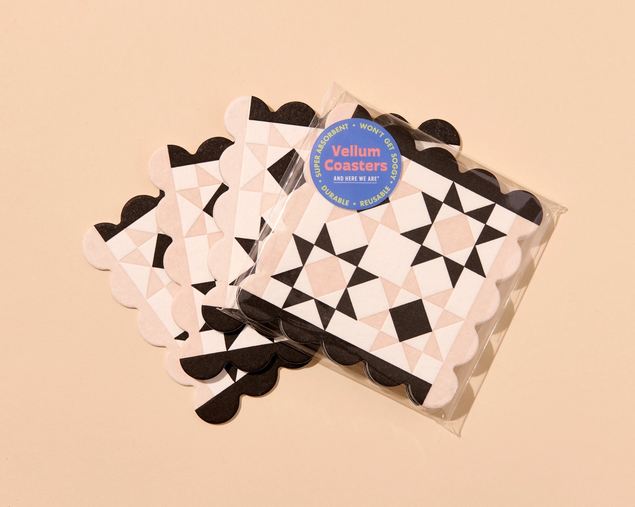 Letterpress quilt block vellum coasters, tan/black, And Here We Are