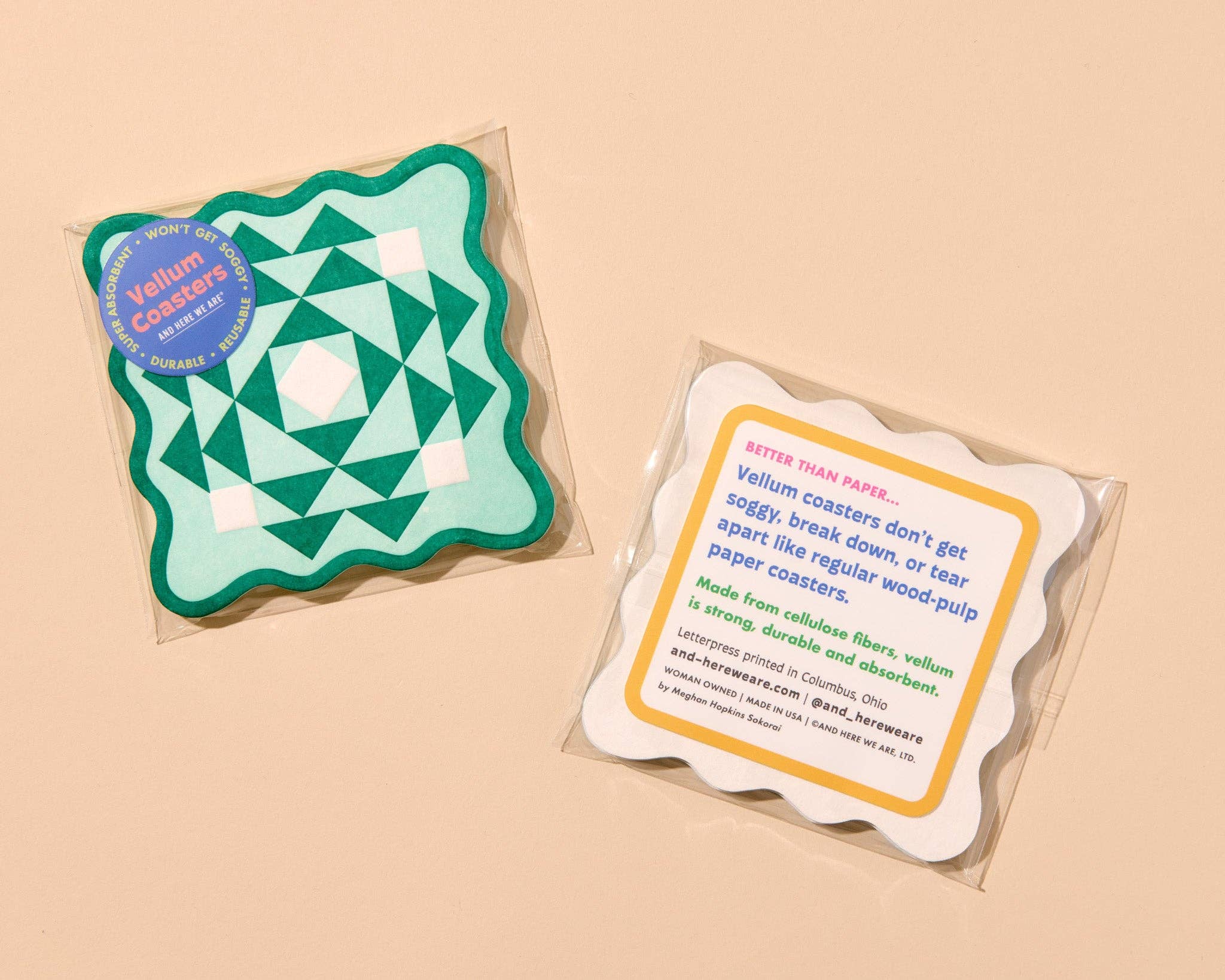 Letterpress Reusable Vellum Coasters—Kaleidoscope Green Aqua