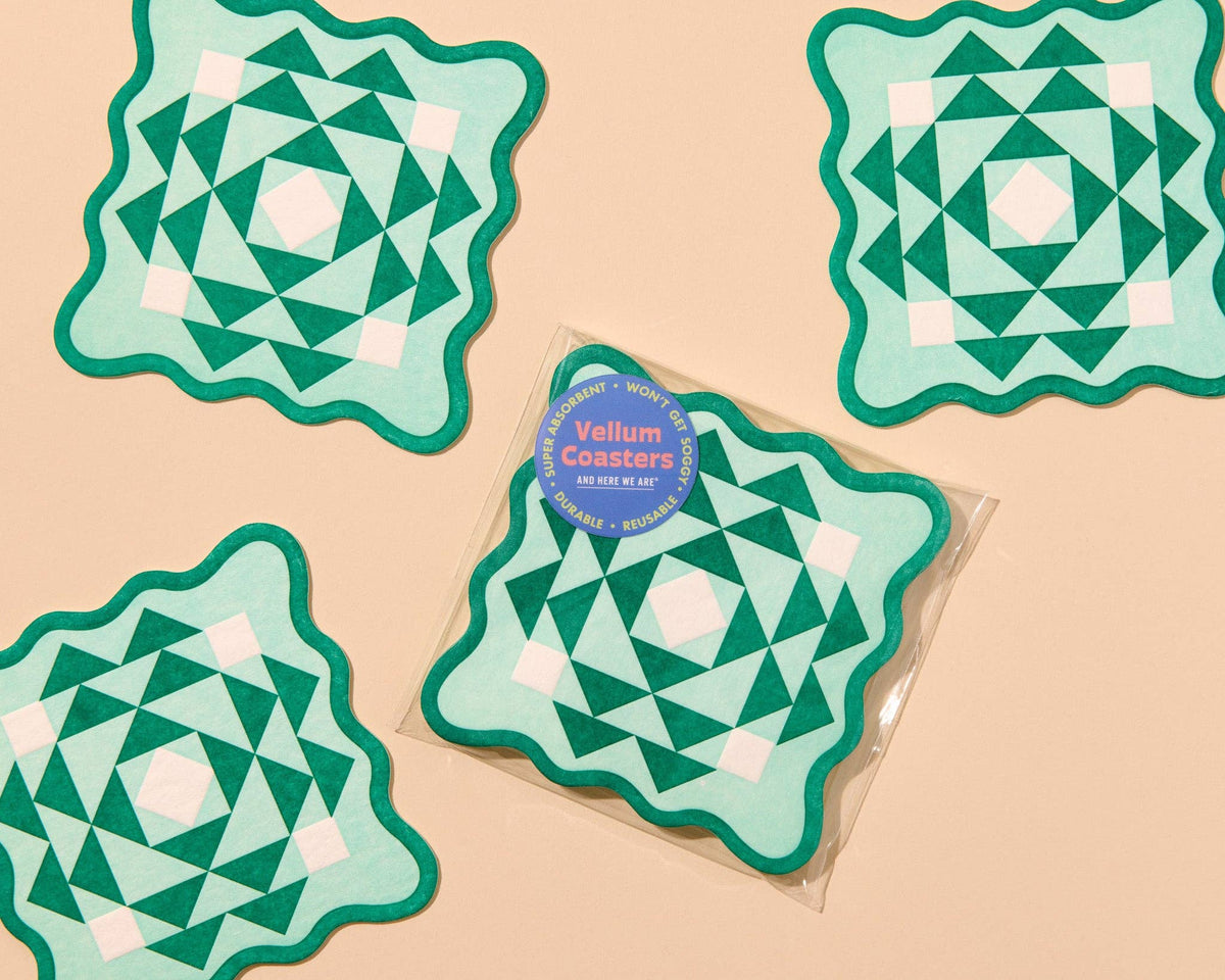 Letterpress Reusable Vellum Coasters—Kaleidoscope Green Aqua