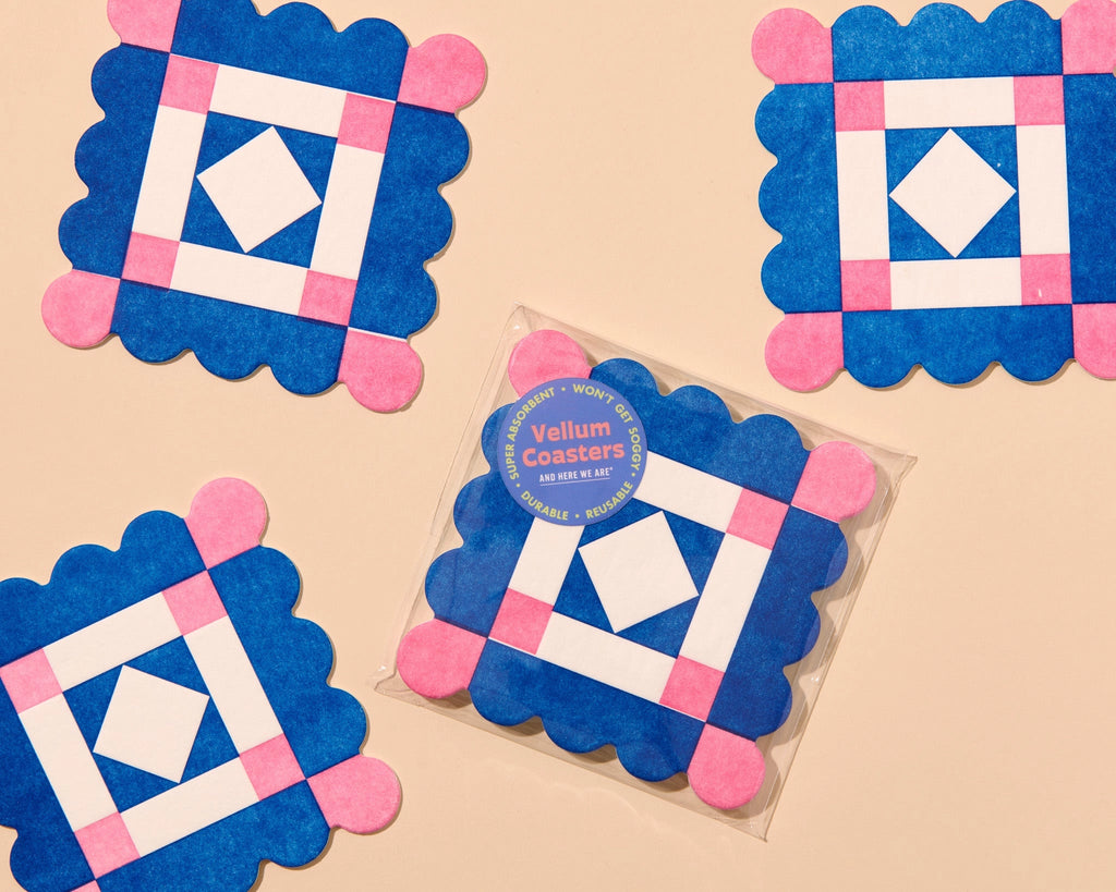 Letterpress quilt block vellum coasters, pink/blue, And Here We Are
