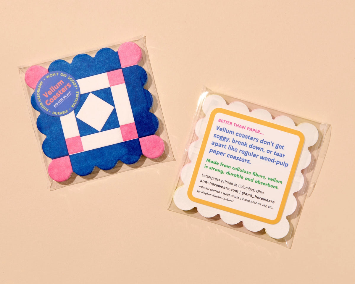 Letterpress quilt block vellum coasters, pink/blue, And Here We Are