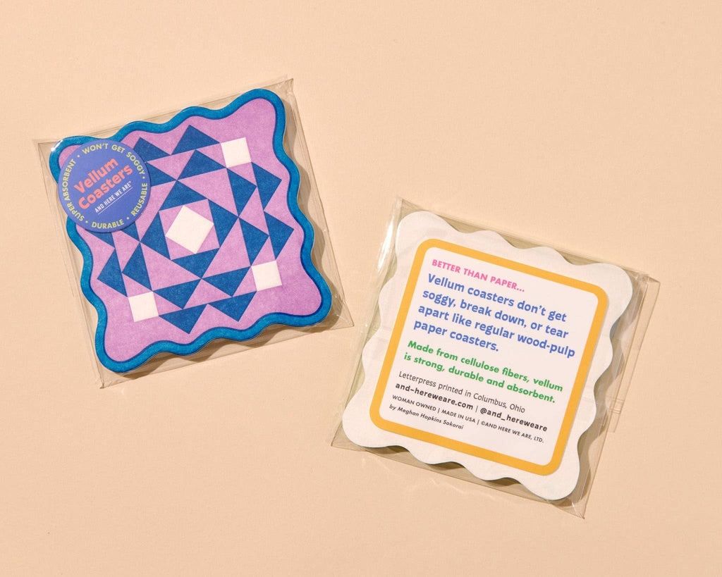 Letterpress Reusable Vellum Coasters—Kaleidoscope Lilac Blue