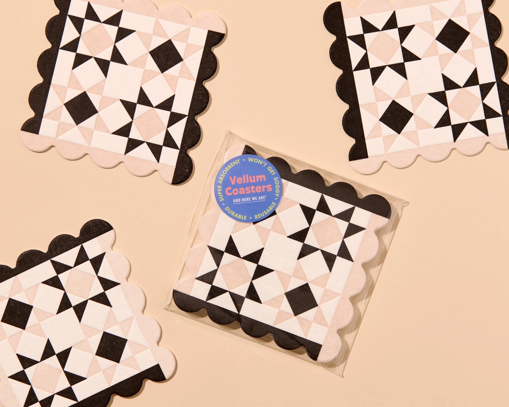 Letterpress quilt block vellum coasters, tan/black, And Here We Are