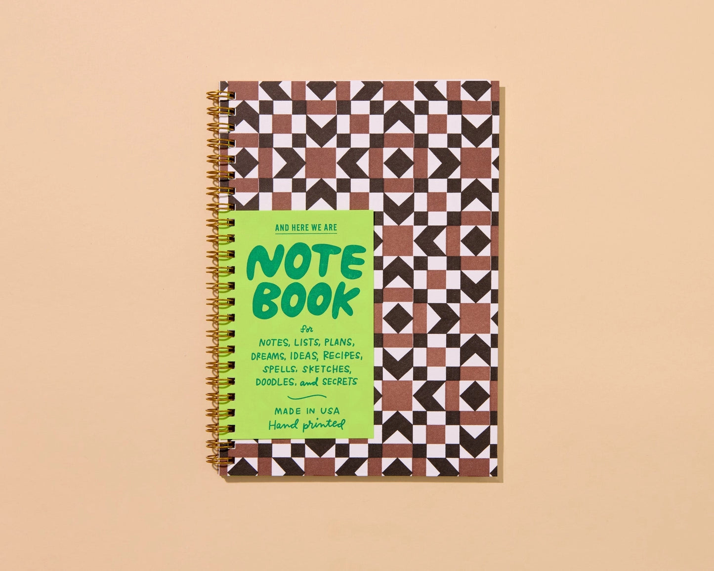 Brown quilt block letterpress A5 notebook, And Here We Are