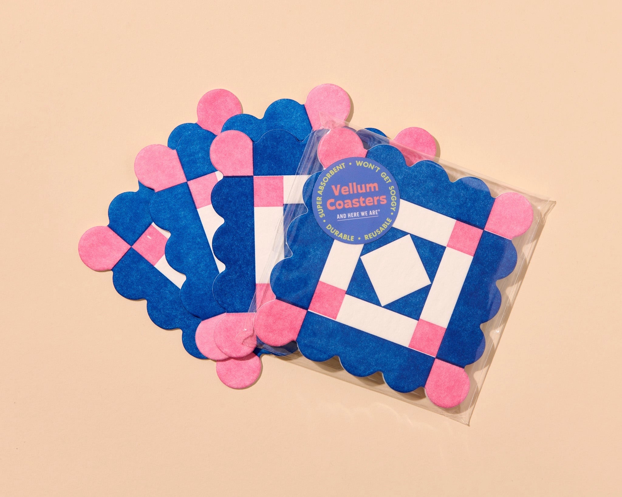 Letterpress quilt block vellum coasters, pink/blue, And Here We Are