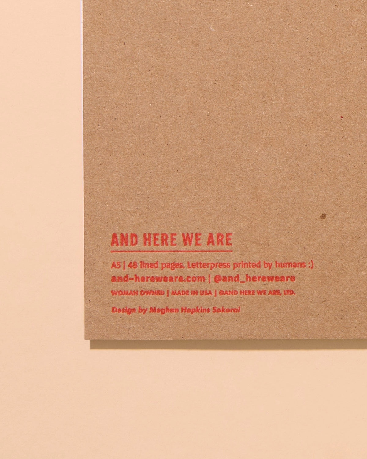 Red quilt block letterpress A5 notebook, And Here We Are