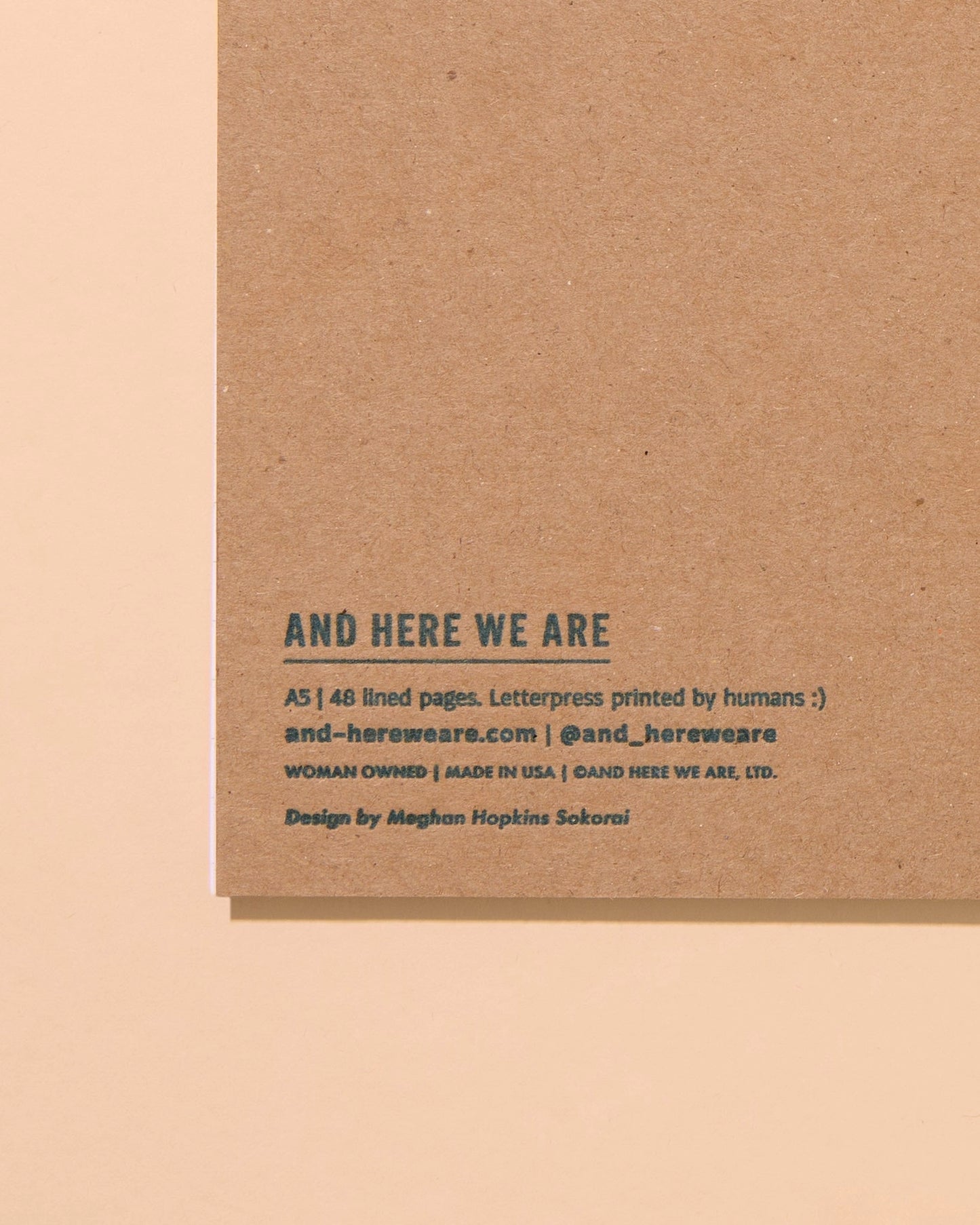 Brown quilt block letterpress A5 notebook, And Here We Are