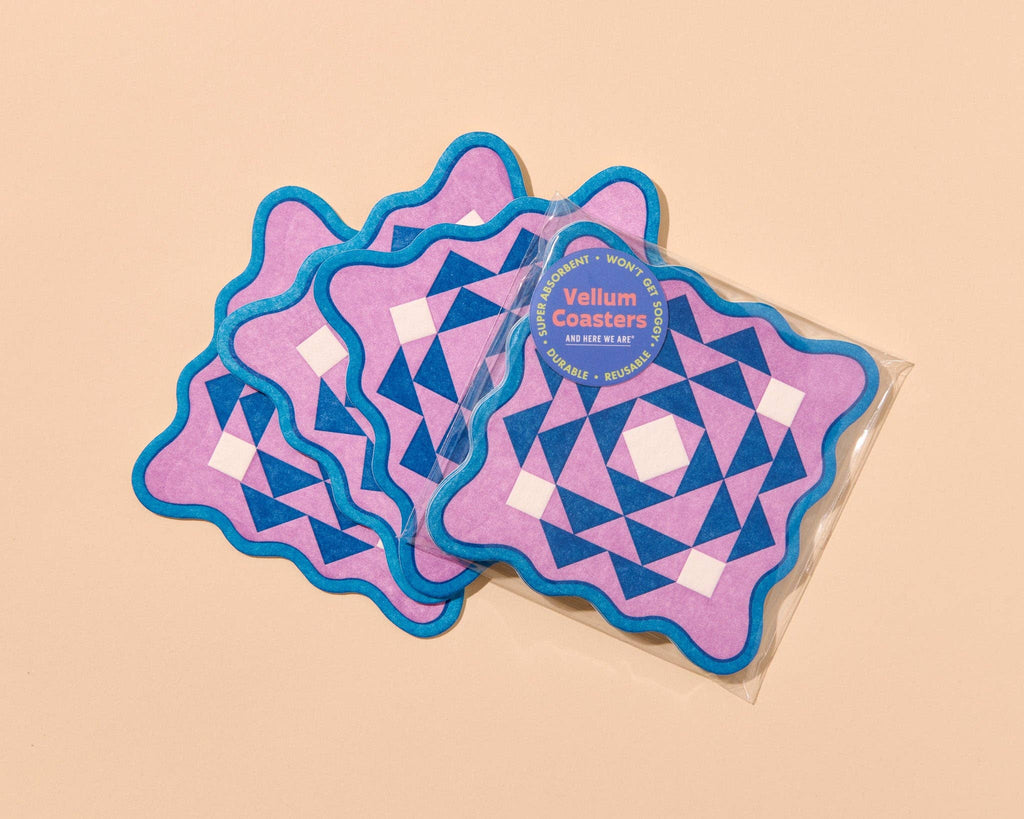 Letterpress Reusable Vellum Coasters—Kaleidoscope Lilac Blue