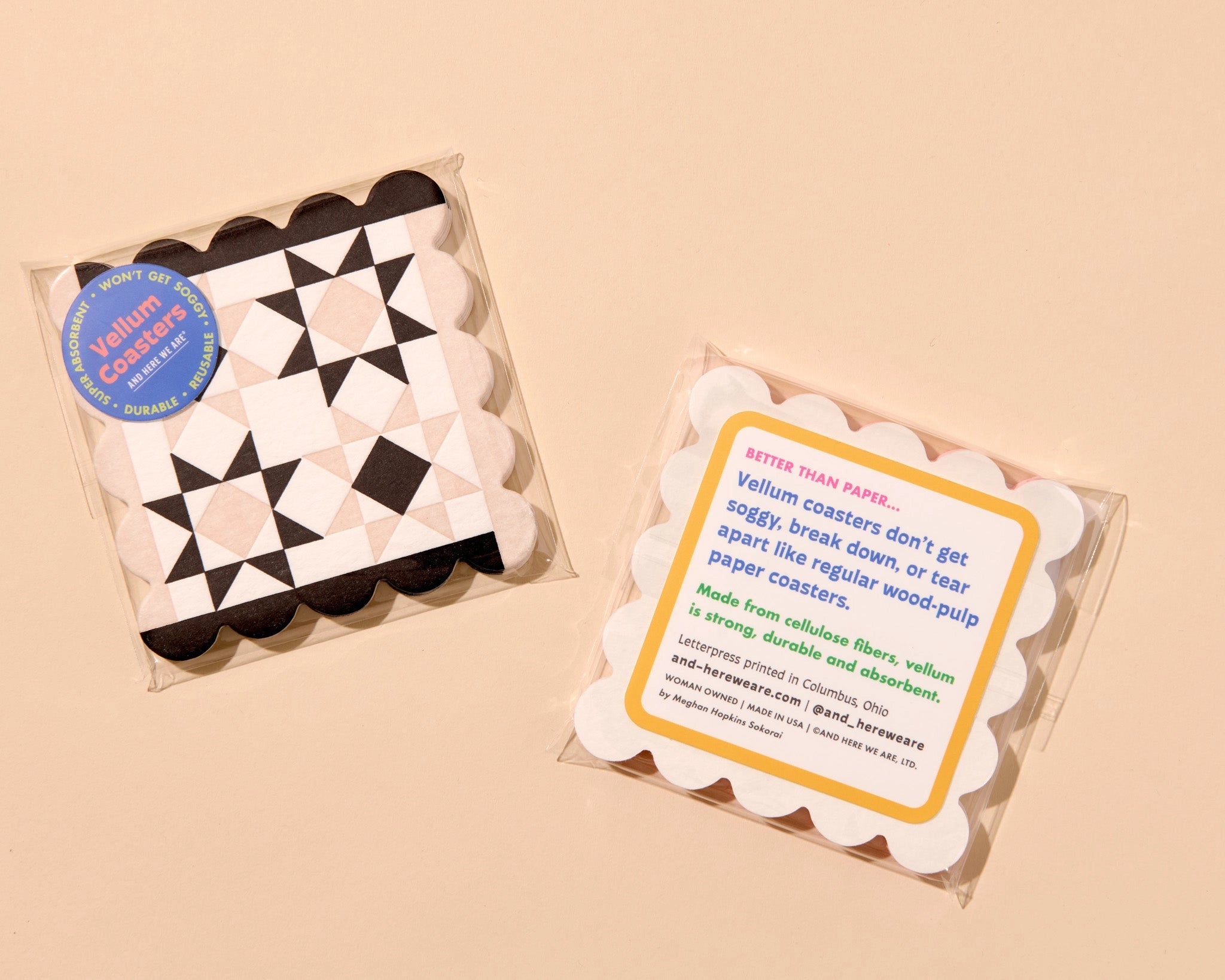 Letterpress quilt block vellum coasters, tan/black, And Here We Are