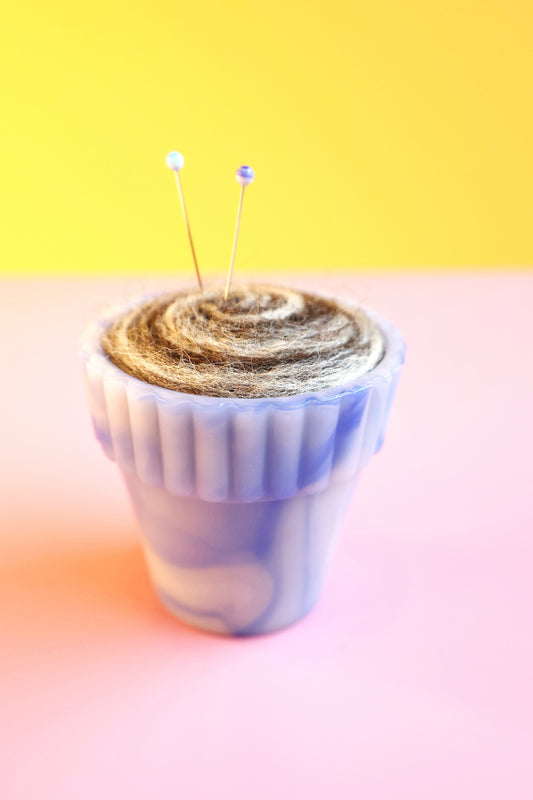 Marbled glass and wool pin cushion