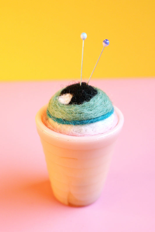 Eyeball glass and wool pin cushion