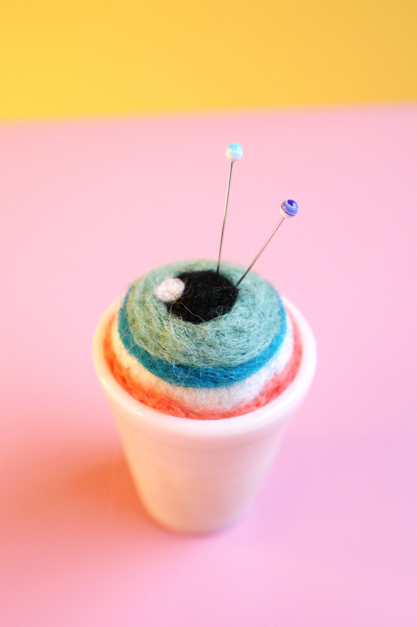 Eyeball glass and wool pin cushion