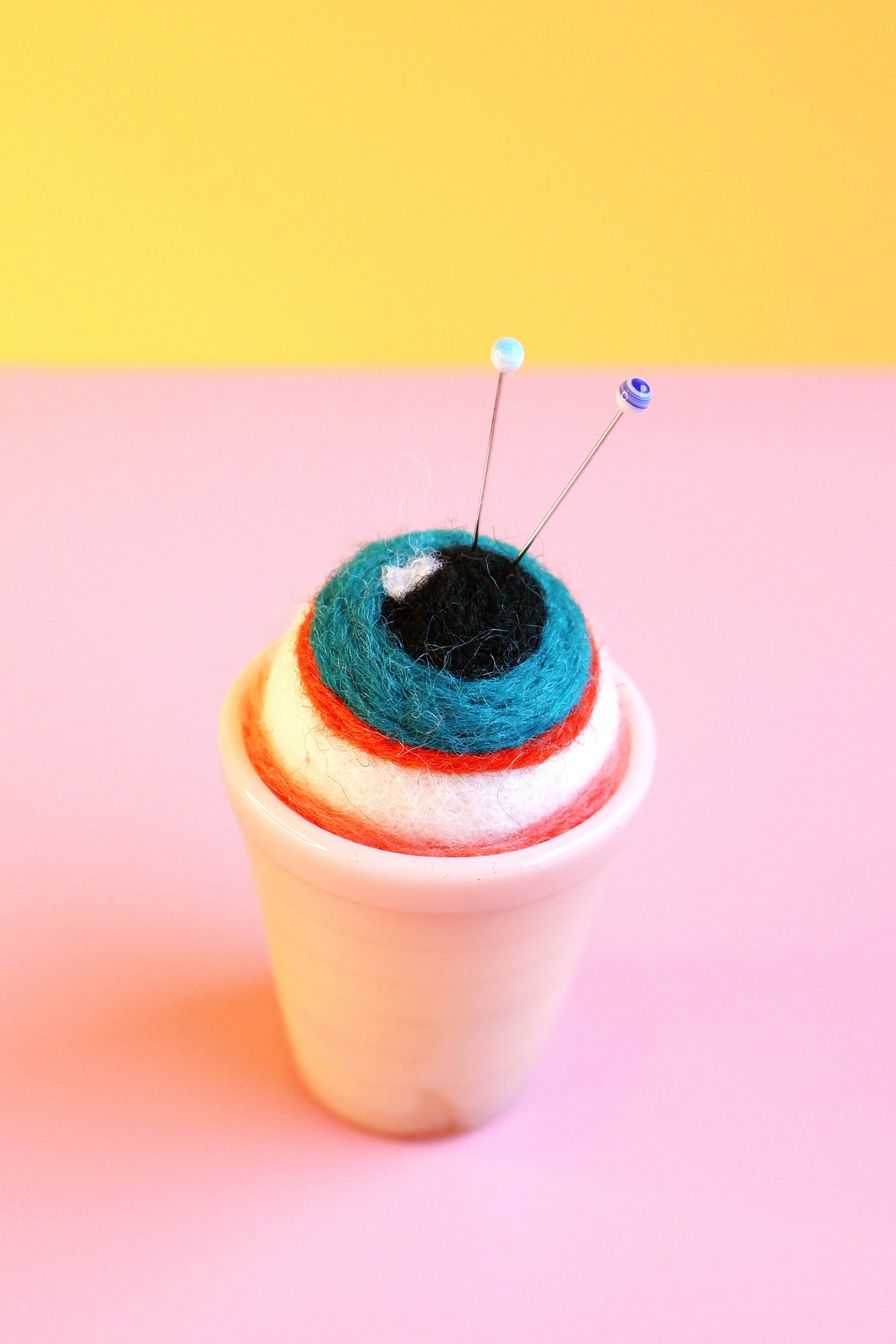 Eyeball glass and wool pin cushion