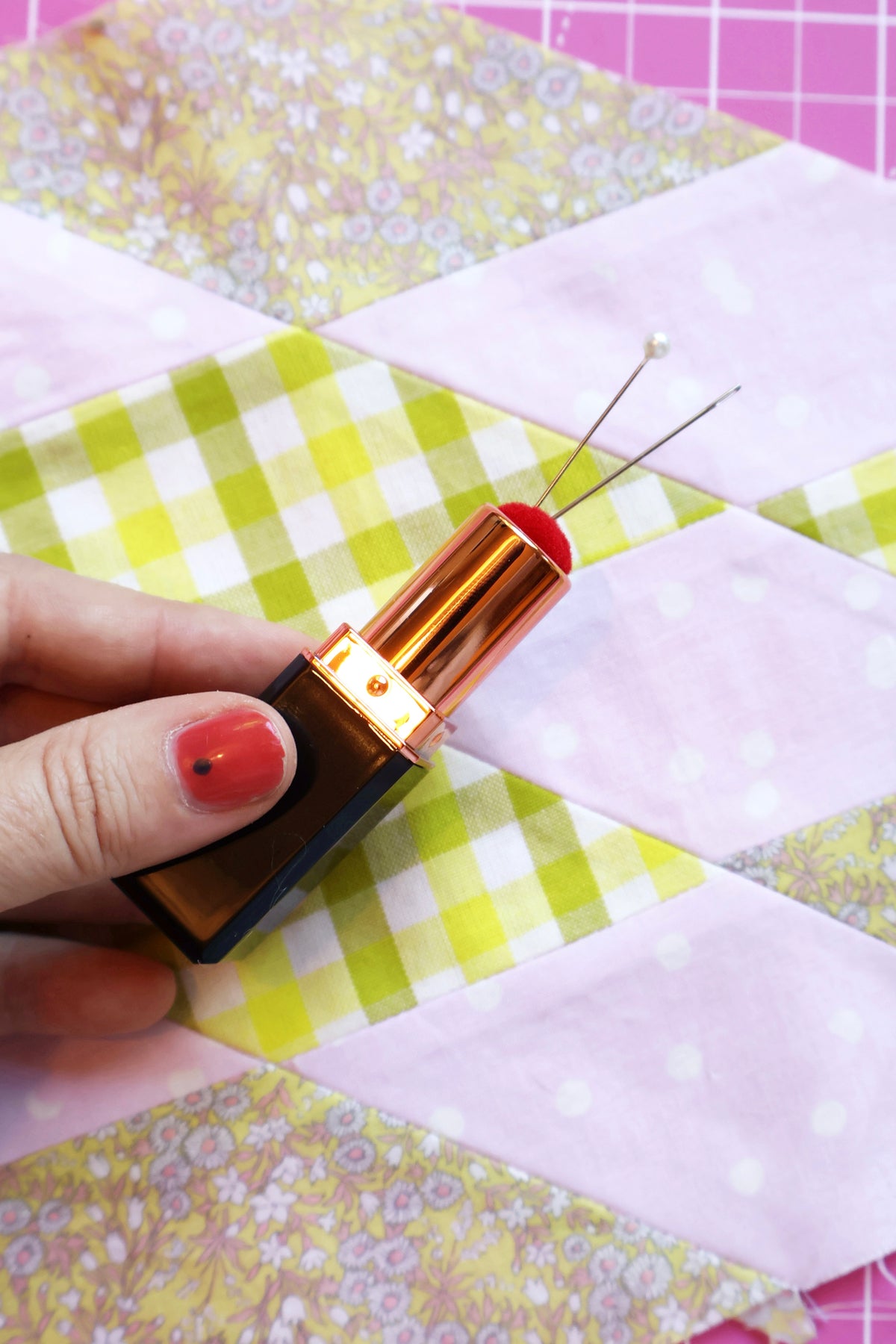 Lipstick pin cushion/needle case