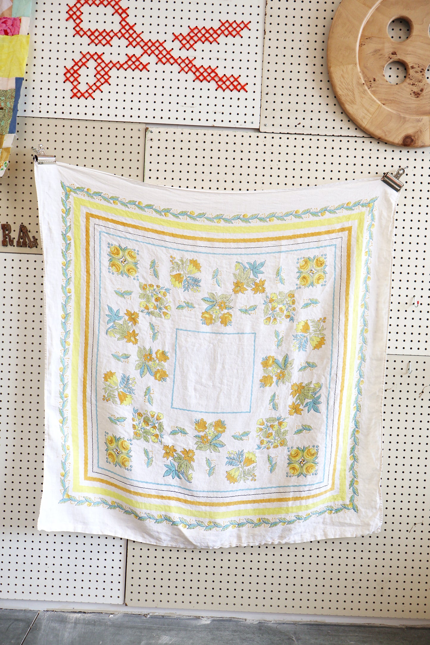 Yellow and blue tablecloth