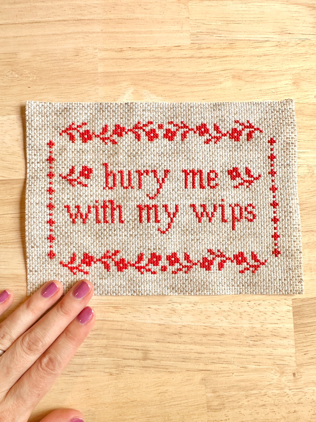 Bury Me With My WIPs cross stitch kit