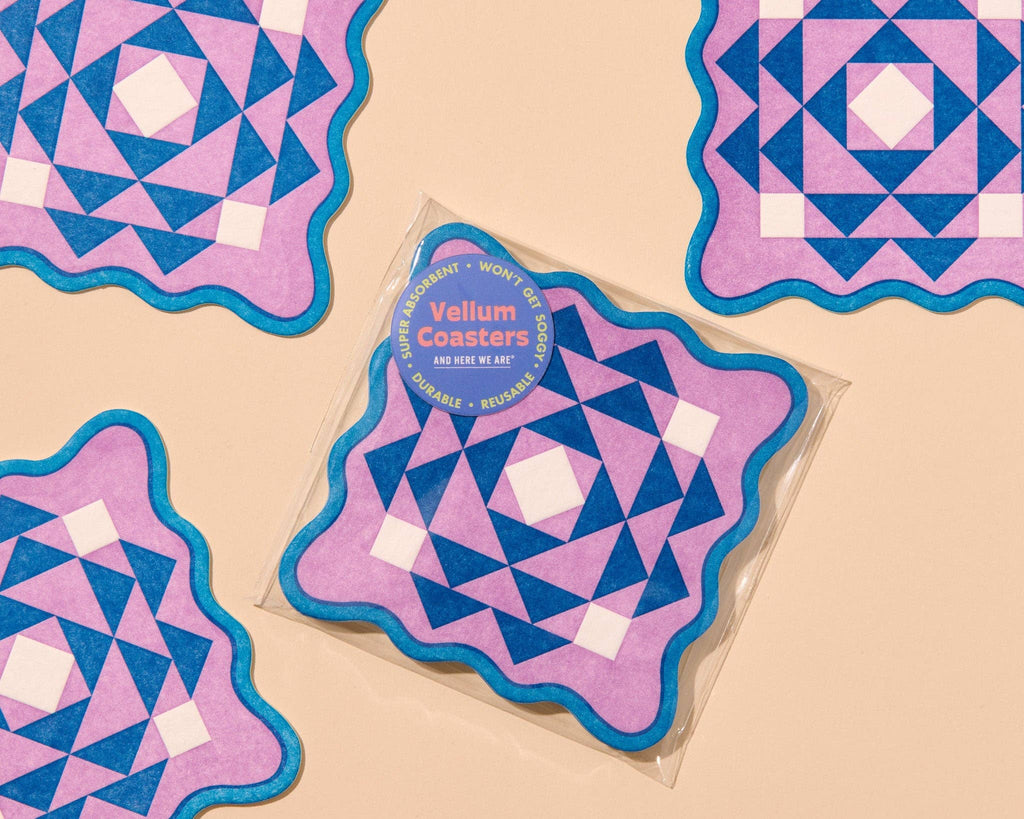 Letterpress Reusable Vellum Coasters—Kaleidoscope Lilac Blue