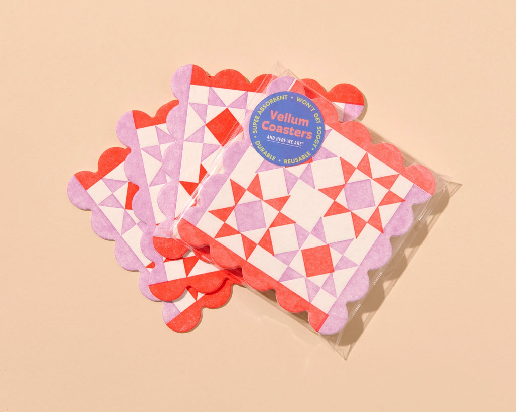Letterpress quilt block vellum coasters, pink/red, And Here We Are