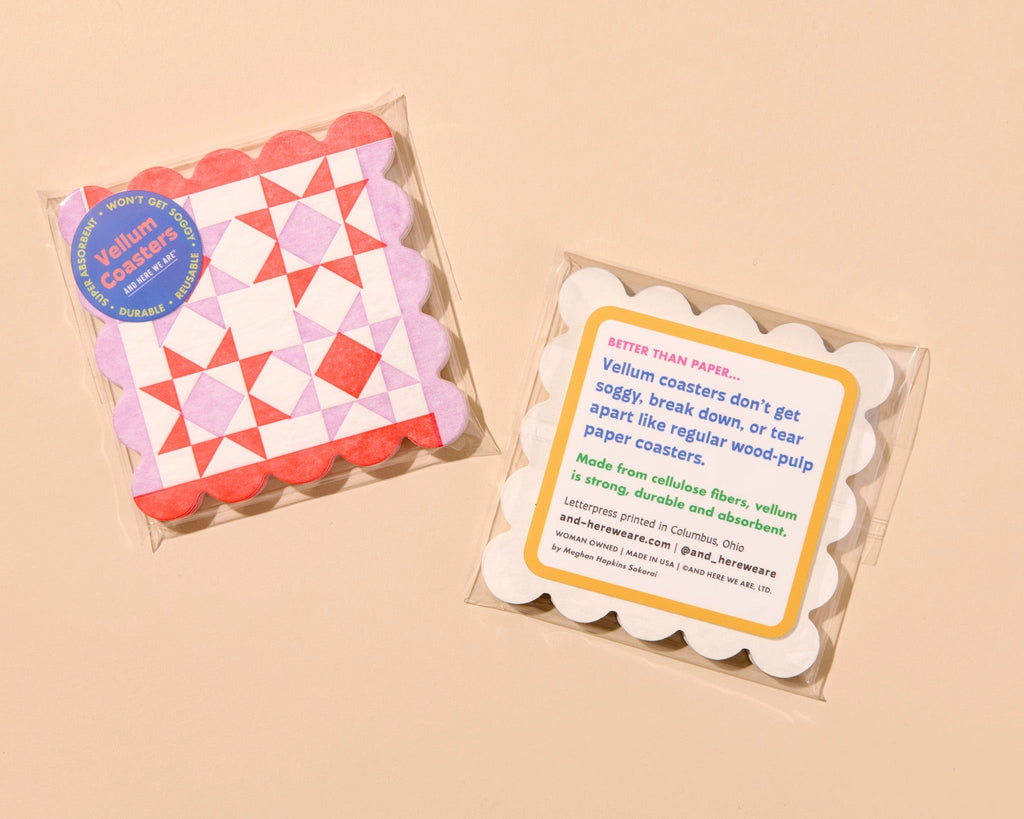 Letterpress quilt block vellum coasters, pink/red, And Here We Are