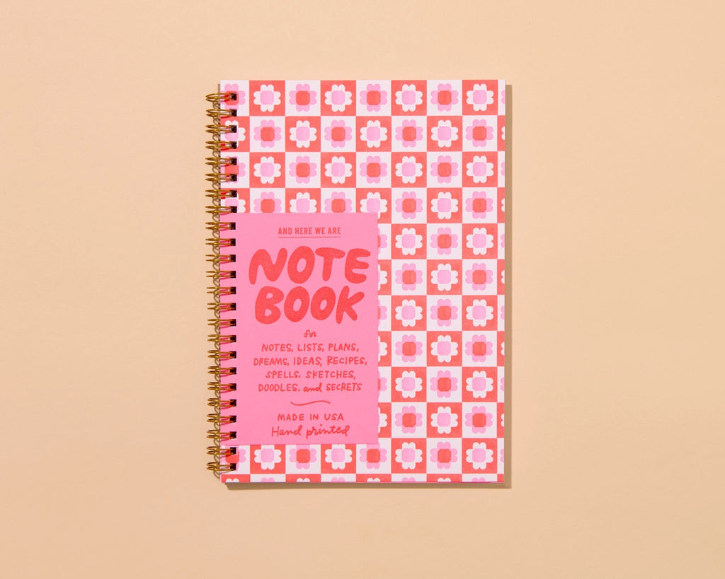 Red quilt block letterpress A5 notebook, And Here We Are