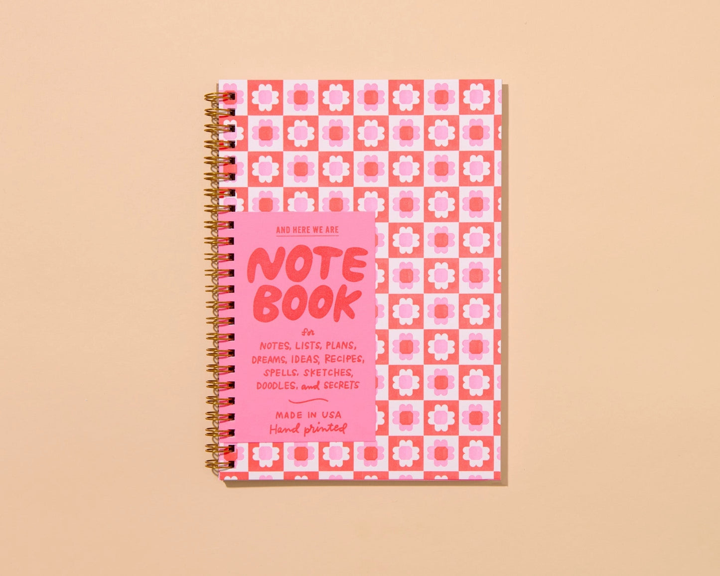 Red quilt block letterpress A5 notebook, And Here We Are