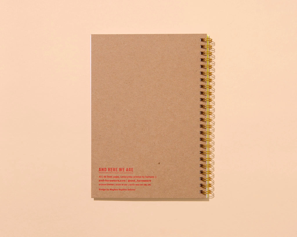 Red quilt block letterpress A5 notebook, And Here We Are