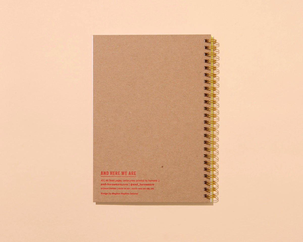 Red quilt block letterpress A5 notebook, And Here We Are
