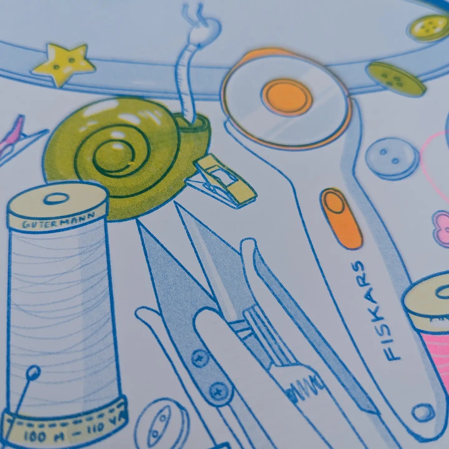 Butter cookie sewing supplies Riso print by Christina Hu