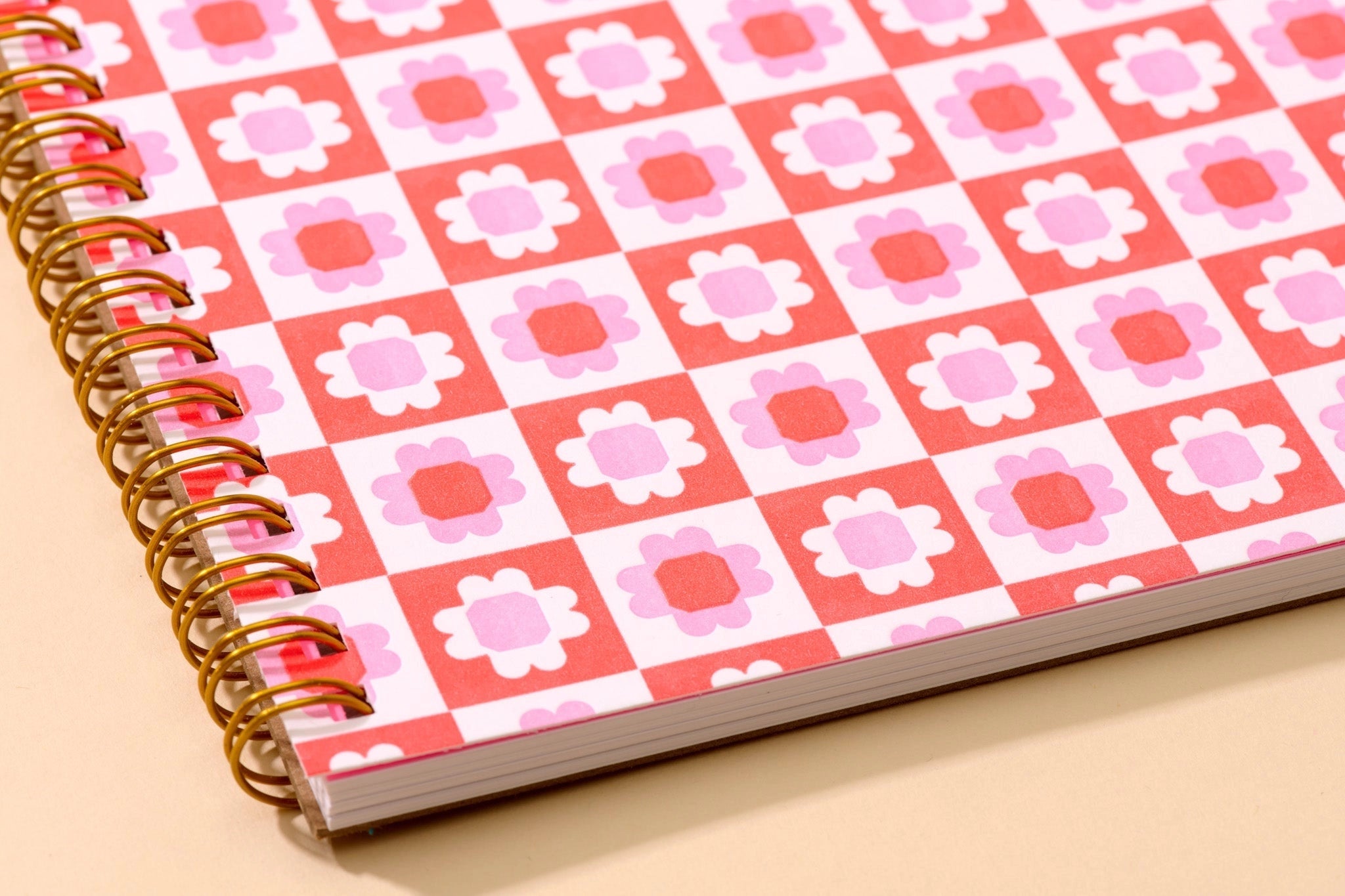 Red quilt block letterpress A5 notebook, And Here We Are