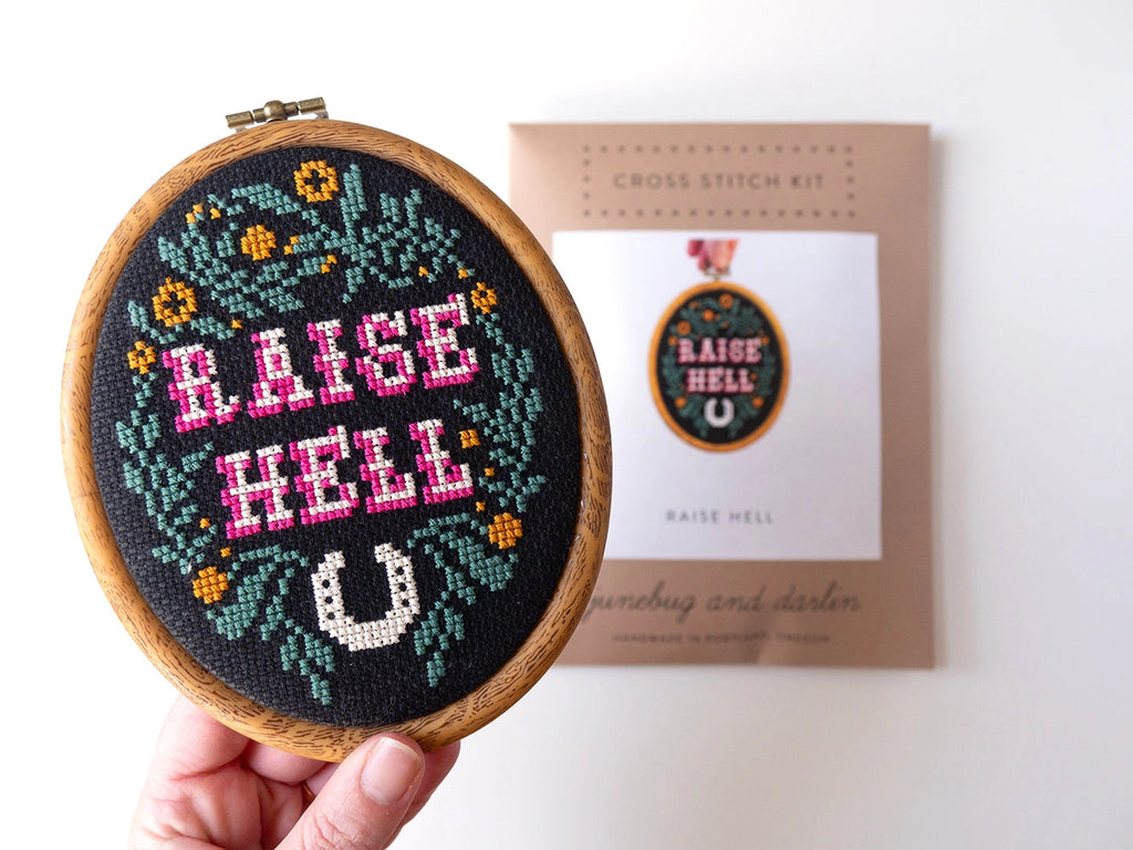 Raise hell cross stitch kit